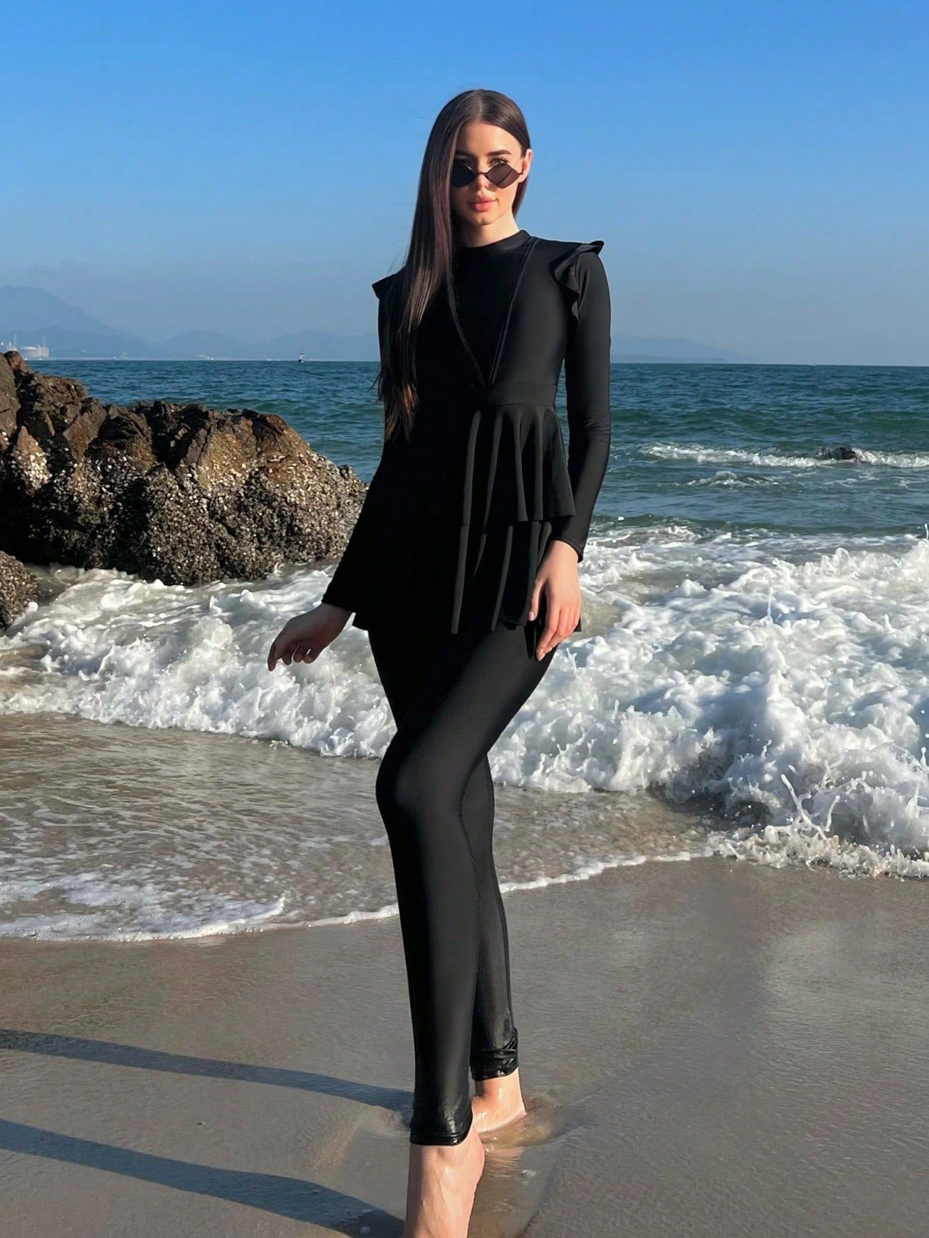 Women 2 Piece Ruffle Modest Swimsuit - Long Sleeves Conservative Bathing Suit
